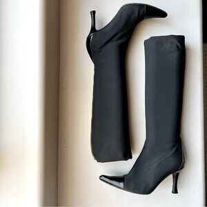 Via Spiga Black Stretch Fabric Heeled Boots with Pointed Toes Women’s Size 8